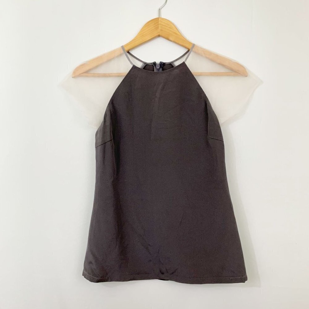 Lela Rose Mesh Sheer Sleeve Dark Gray 100% Silk Top Size 0 XS
